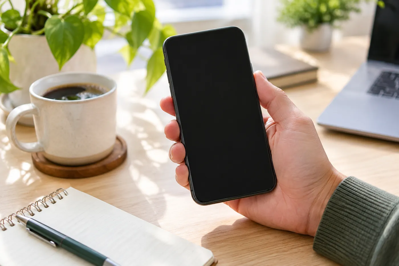 A business owner holding a phone at a desk